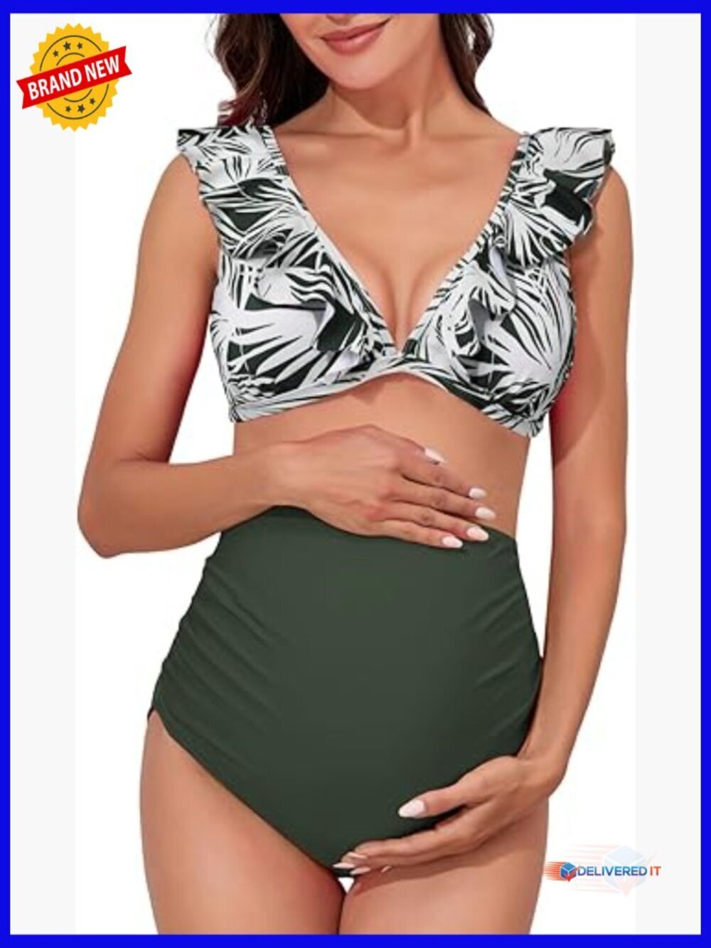 Maternity High Waist Two Piece Ruffle Bikini V-Neck Bathing Suit